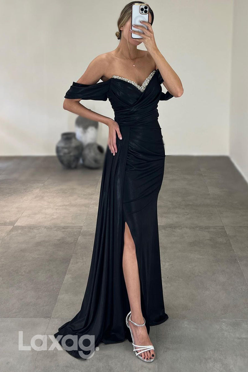 22046 - Off Shoulder Beads Mermaid Long Formal Prom Dress with Slit