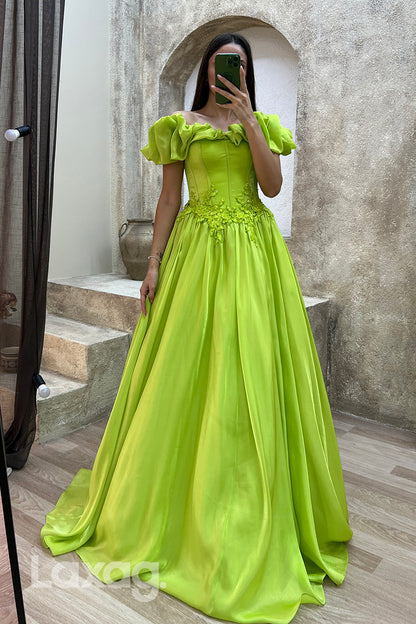 22070 - A Line Off Shoulder Appliques Long Formal Prom Dress