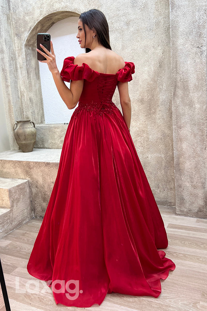 22070 - A Line Off Shoulder Appliques Long Formal Prom Dress