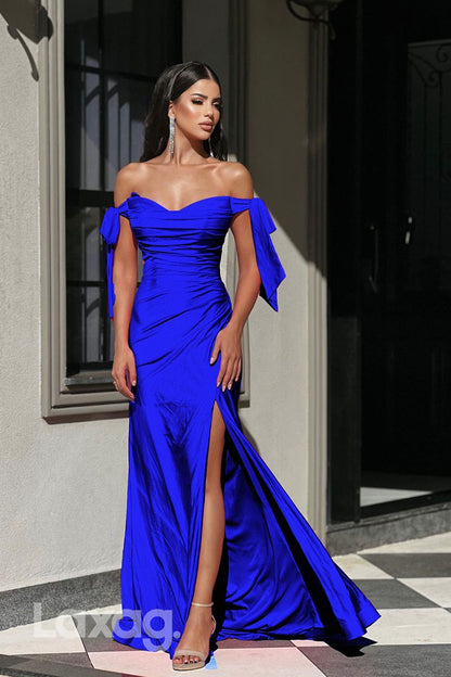 21900 - Off Shoulder Ruched Long Side Slit Mermaid Long Formal Prom Dress