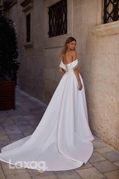 15747 - A line Off Shoulder Satin Ruched Elegant Wedding Dress with Slit