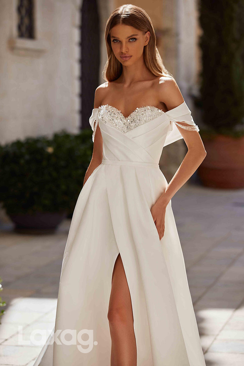 15747 - A line Off Shoulder Satin Ruched Elegant Wedding Dress with Slit