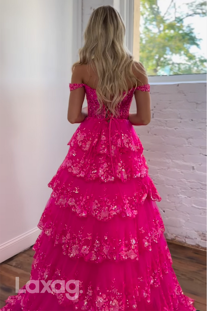 22059 - A Line Off Shoulder Sequins Lace Pink Long Semi Formal Prom Dress