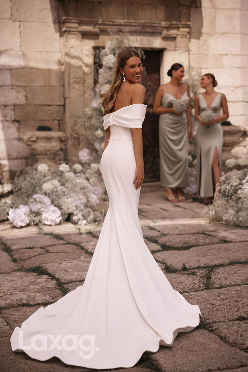 15729 - Off Shoulder Ruched Mermaid Wedding Dress with Slit