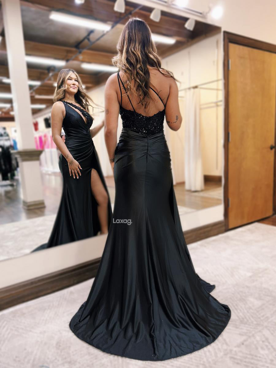22092 - One Shoulder Appliques Ruched Mermaid Long Formal Prom Dress with Slit
