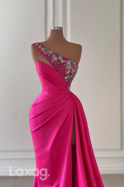 21991 - One Shoulder Beads Mermaid Long Formal Prom Dress with Slit