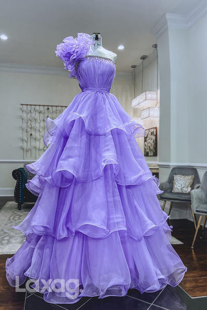 22005 - A Line One Shoulder Ruffles Long Semi Formal Prom Dress