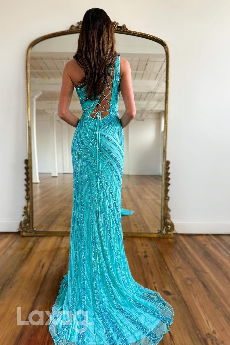 21925 - One Shoulder Lace Mermaid Semi Formal Prom Dress with Slit