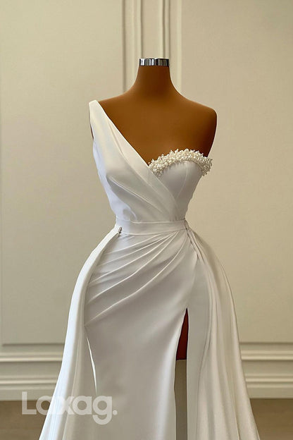 21993 - A Line One Shoulder Pearls Ruched Mermaid Long Formal Prom Dress