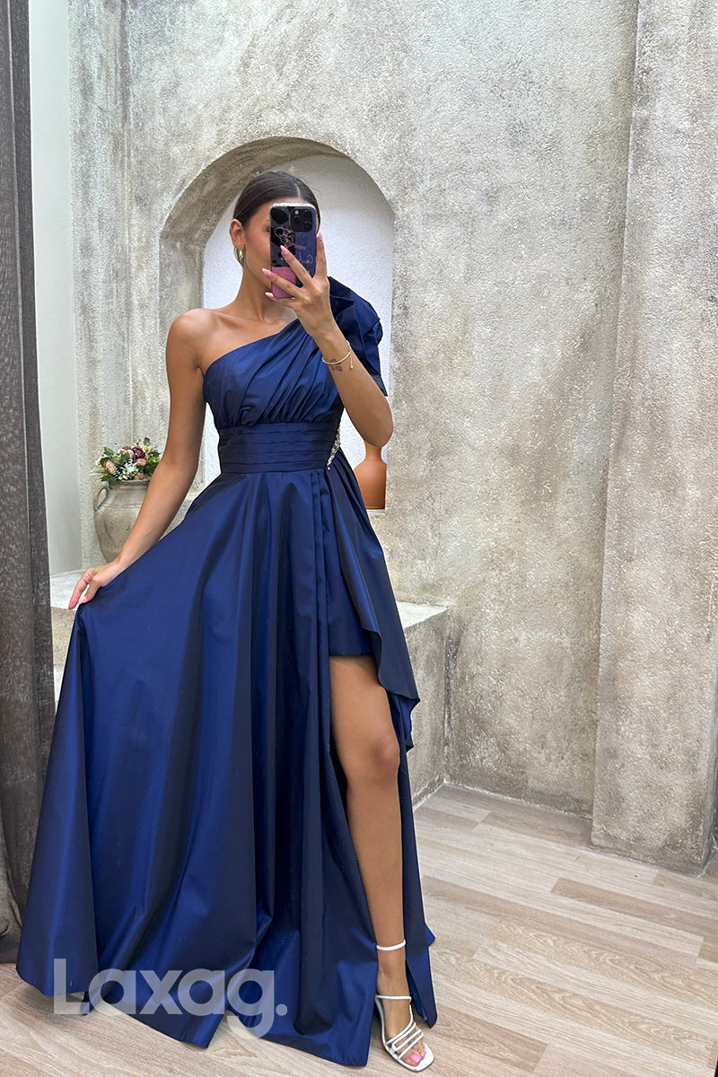 22072 - A Line One Shoulder Ruched Long Formal Prom Dress with Slit