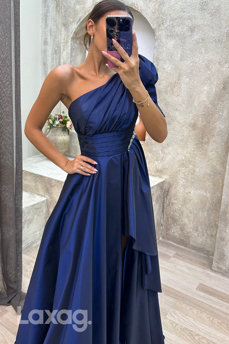 22072 - A Line One Shoulder Ruched Long Formal Prom Dress with Slit