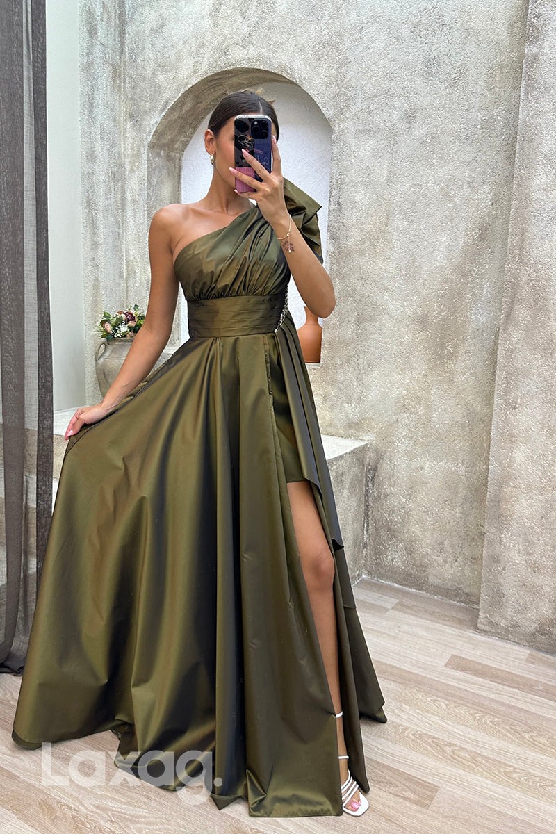 22072 - A Line One Shoulder Ruched Long Formal Prom Dress with Slit