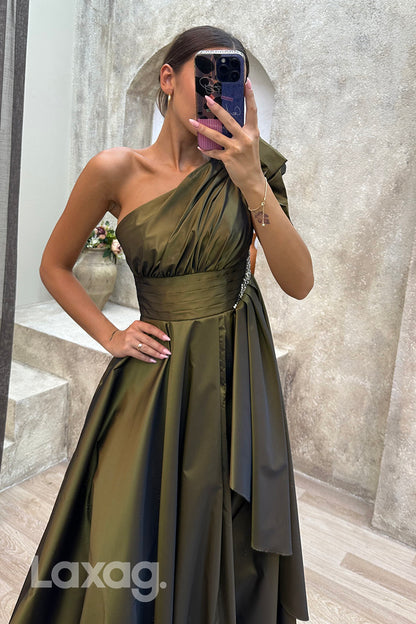 22072 - A Line One Shoulder Ruched Long Formal Prom Dress with Slit