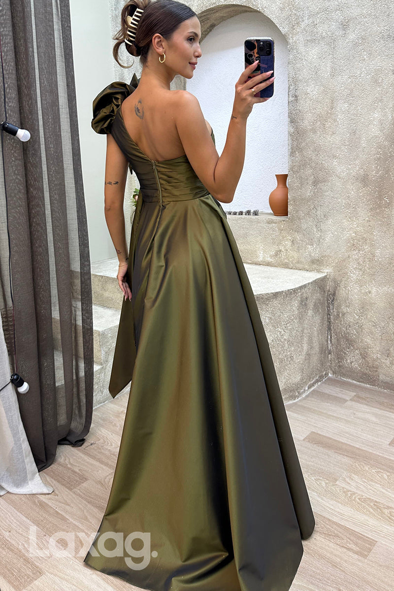 22072 - A Line One Shoulder Ruched Long Formal Prom Dress with Slit