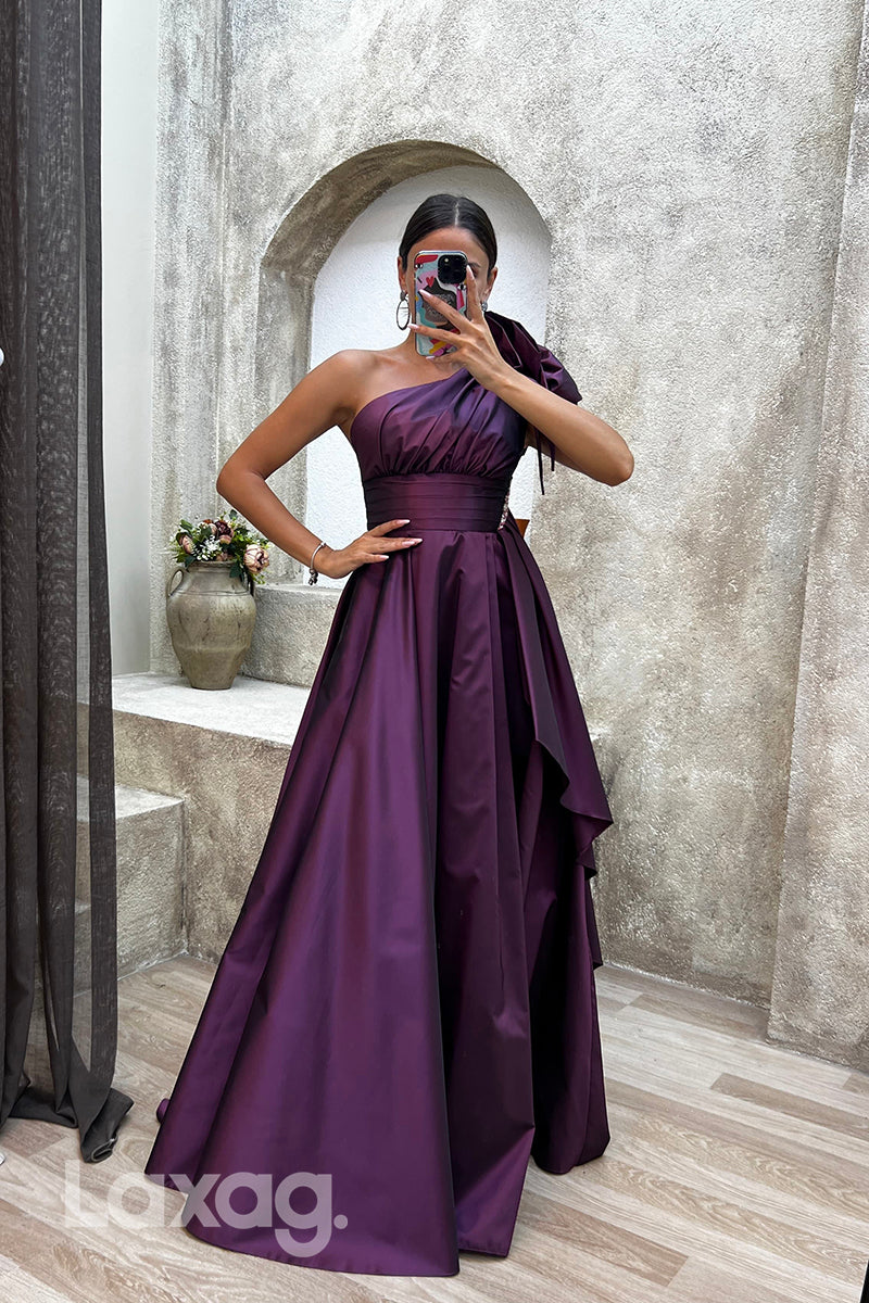 22072 - A Line One Shoulder Ruched Long Formal Prom Dress with Slit