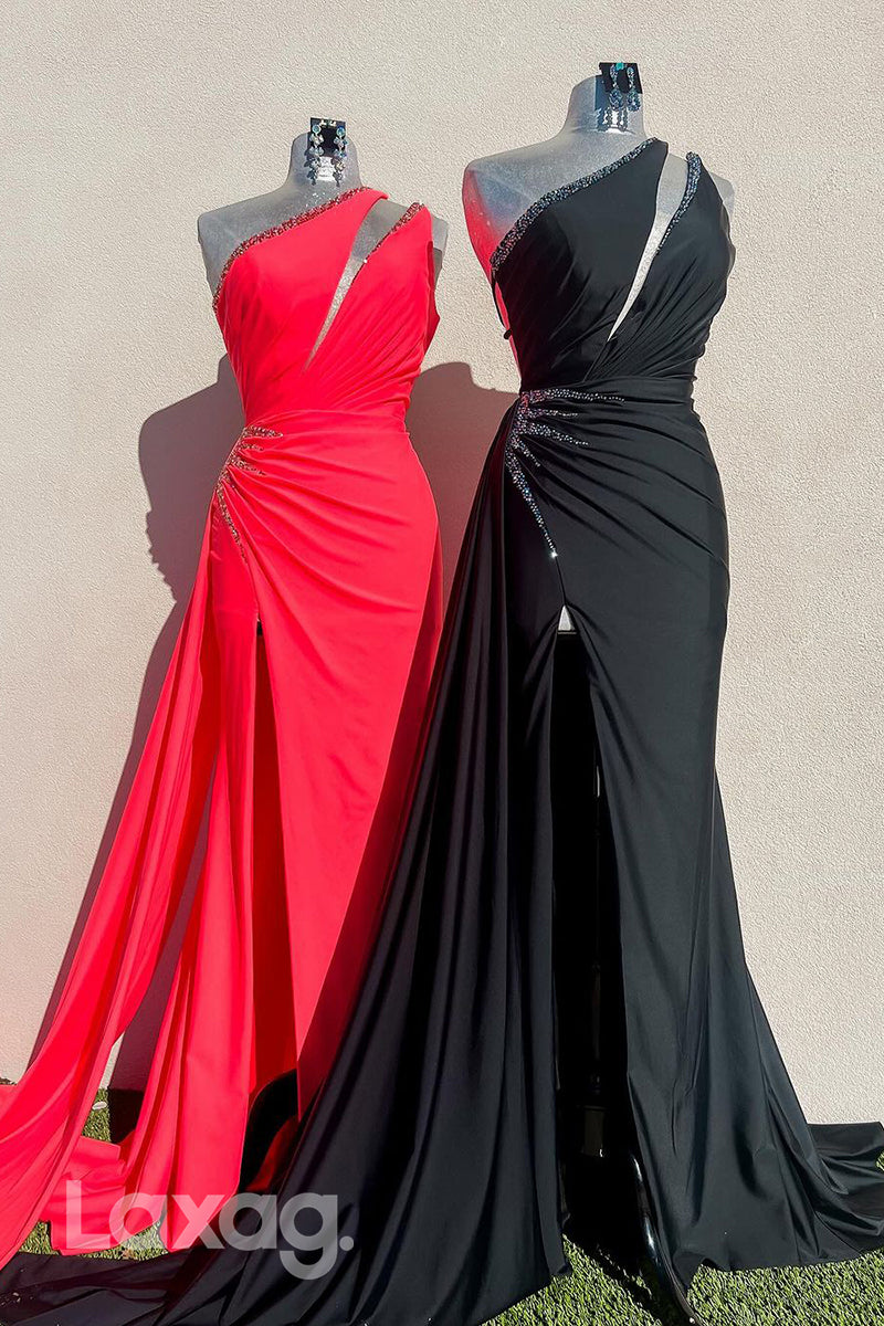 22004 - One Shoulder Beads Ruched Mermaid Long Formal Prom Dress with Slit