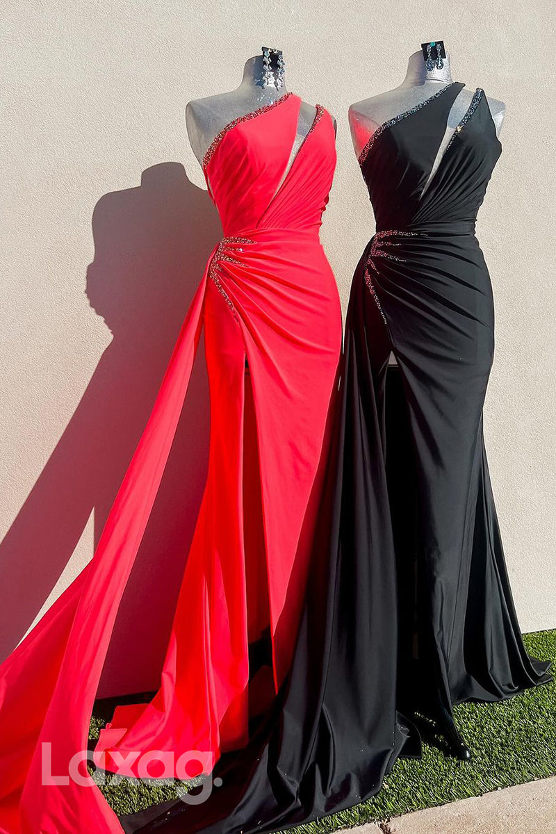 22004 - One Shoulder Beads Ruched Mermaid Long Formal Prom Dress with Slit