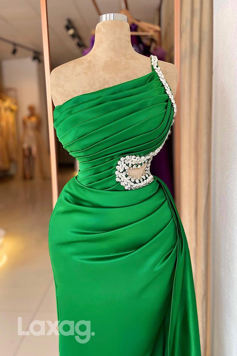 20760 - Chic One Shoulder Satin Ruched Green Long Formal Prom Dress with Slit