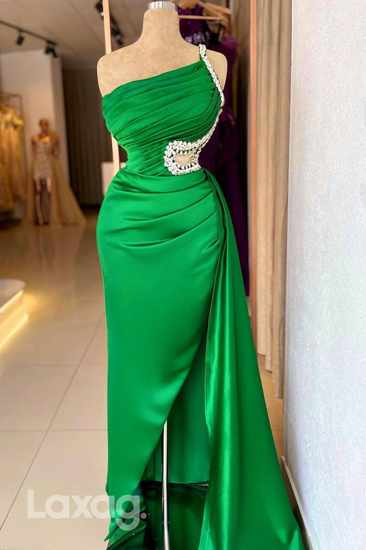20760 - Chic One Shoulder Satin Ruched Green Long Formal Prom Dress with Slit