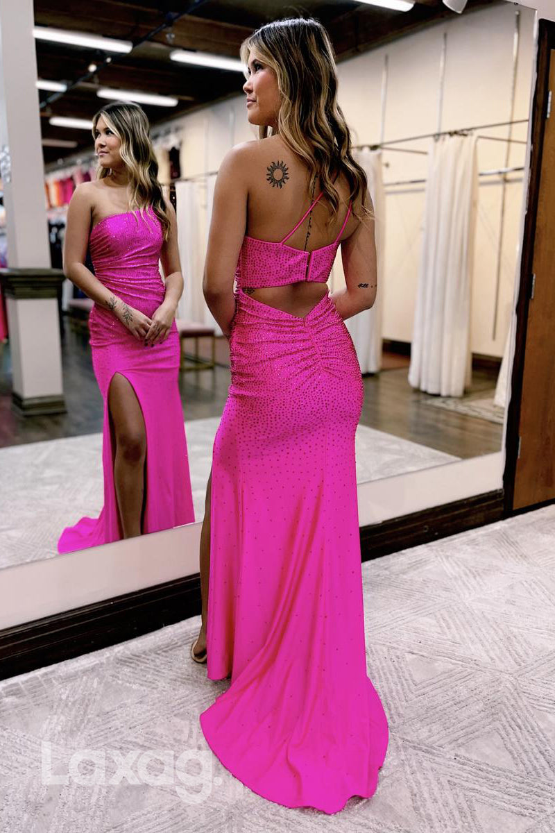 21929 - One Shoulder Ruched Pink Mermaid Formal Prom Dress with Slit
