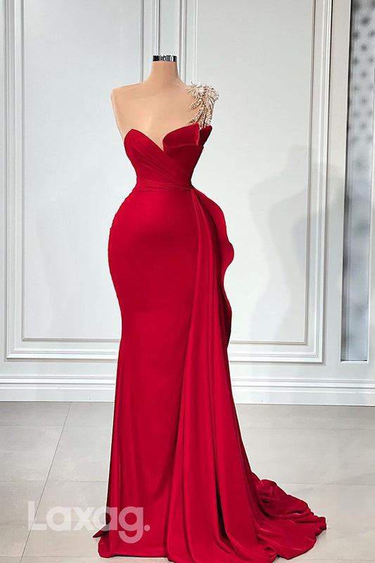 22034 - One Shoulder Bead Red Mermaid Lomg Formal Prom Dress