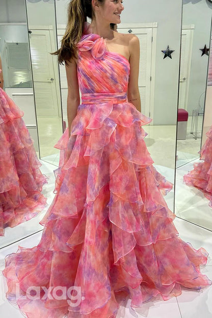 22003 - A Line One Shoulder Floral Ruched Long Formal Prom Dress
