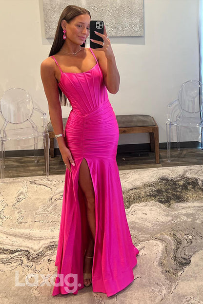 15749 - Spaghetti Straps Scoop Ruched Long Pink Prom Party Dress with Slit