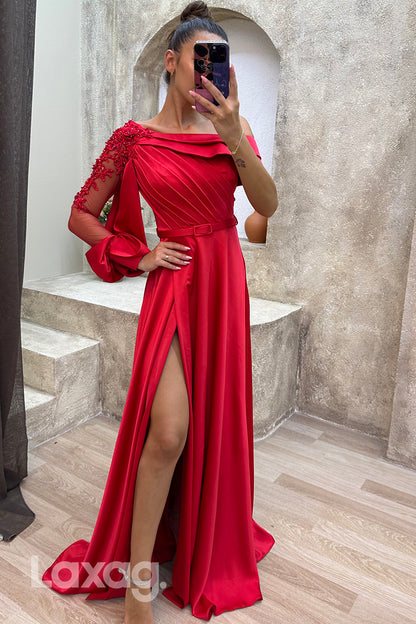 22077 - A Line Scoop Appliques Ruched Long Formal Prom Dress with Slit