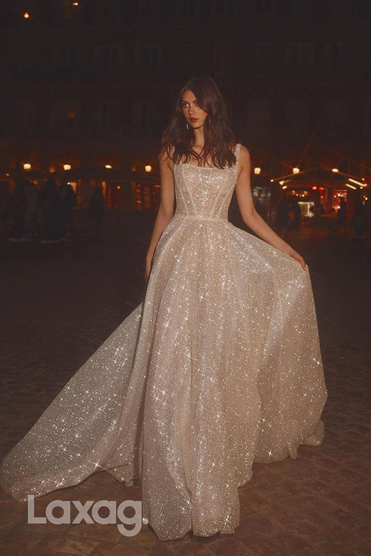 15751 - A Line Scoop Sparkly Modern Wedding Dress