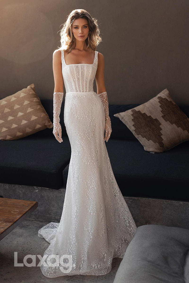 15688 - Unique Square Neckline Romantic Lace Mermaid Wedding Dress