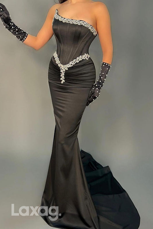 22021 - Strapless Beads Ruched Mermaid Long Formal Prom Dress