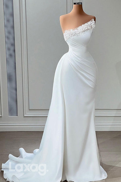 21998 - Unique One Shoulder Pearls Ruched Mermaid Long Formal Prom Dress