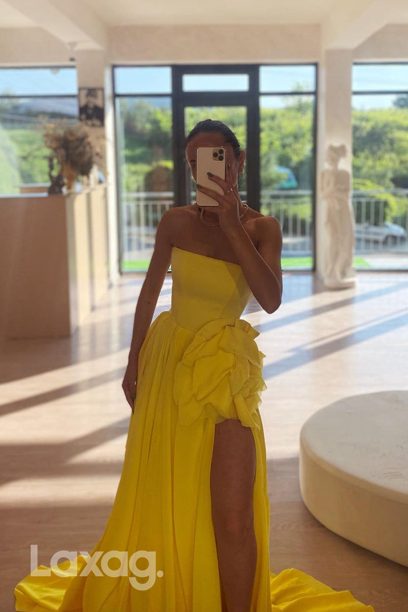 21908 - A Line Strapless Yellow Elegant Long Formal Prom Dress with Slit