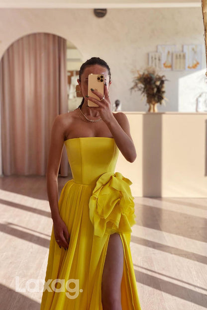 21908 - A Line Strapless Yellow Elegant Long Formal Prom Dress with Slit