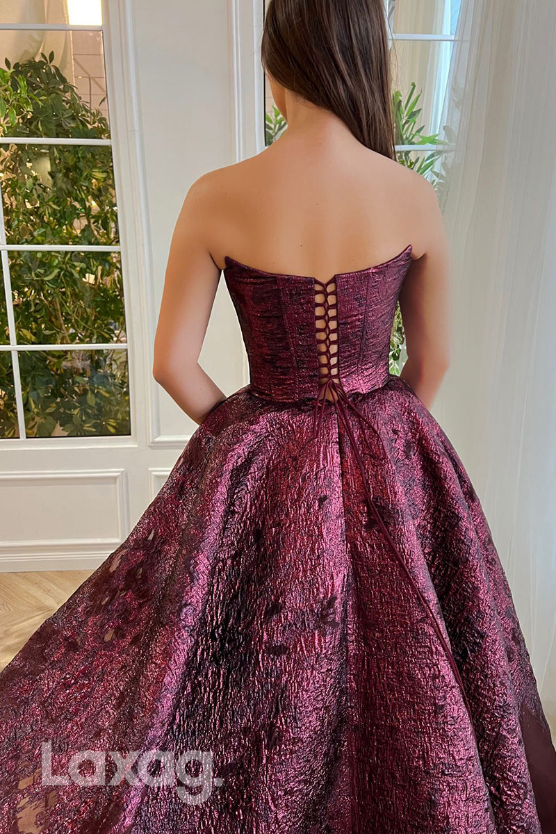 16709 - A Line Strapless High Split Burgundy Formal Prom Dress with Po Laxag 16709 - A Line Strapless High Split Burgundy Formal Prom Dress with Po Laxag