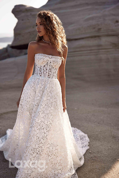 15750 - A Line Strapless Romantic Lace Wedding Dress with Pockets