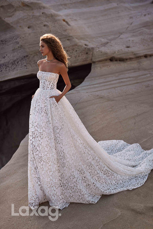 15750 - A Line Strapless Romantic Lace Wedding Dress with Pockets