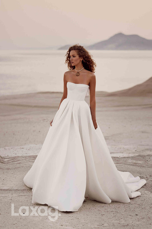 15748 - A Line Strapless Satin Elegant Wedding Dress with Pockets