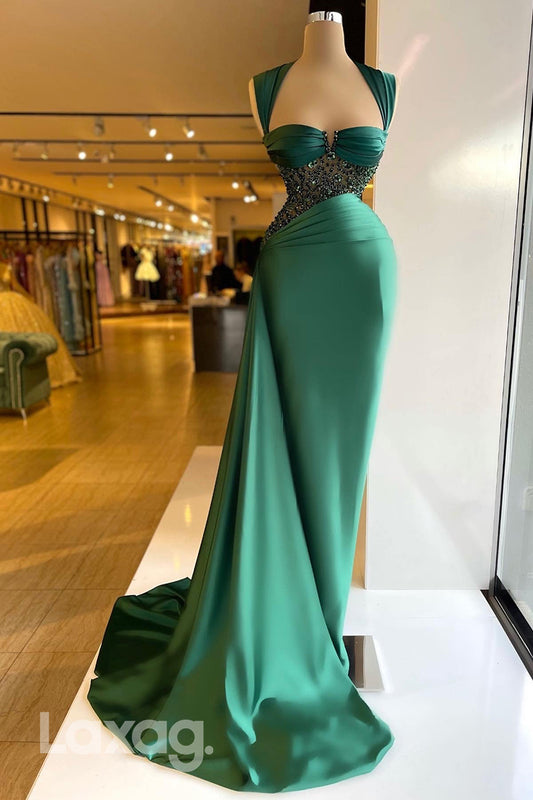 22040 - Sweetheart Beads Ruched Green Long Mermaid Formal Evening Dress