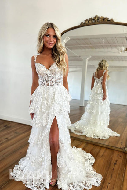 21920 - Sweetheart Lace Appliques Tiered Long Prom Formal Dress with Slit