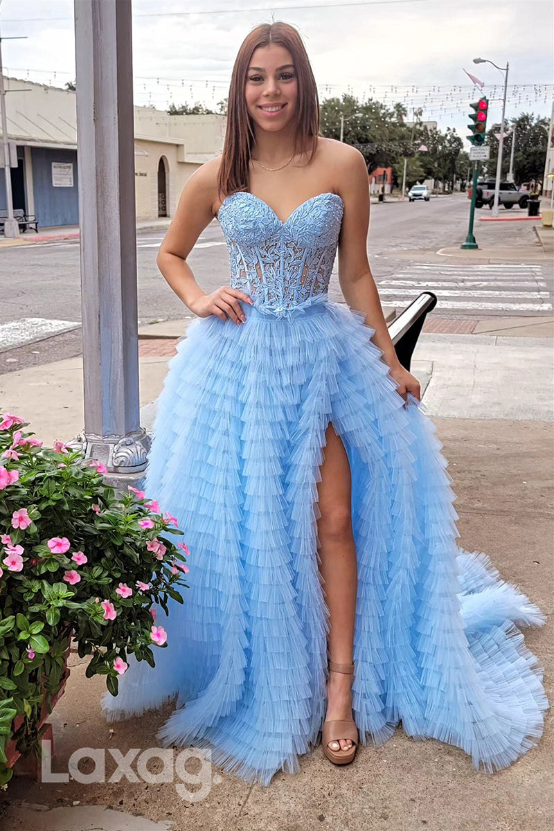22010 - A line Sweetheart Lace Appliques Long Semi Formal Prom Dress with Slit
