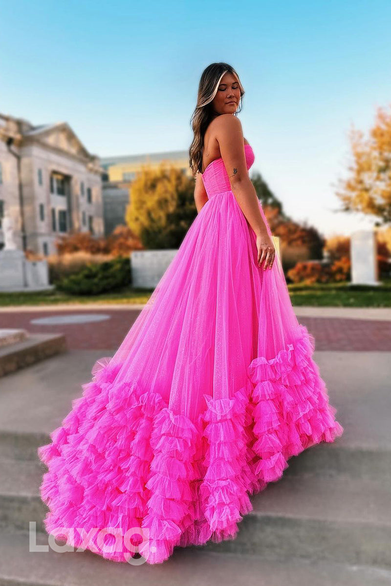 21955 - A Line Strapless Tulle Tiered Pink Long Formal Prom Dress