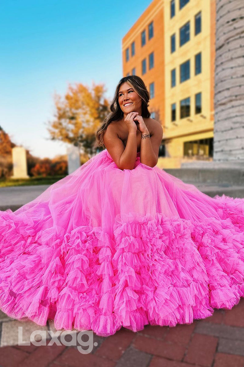 21955 - A Line Strapless Tulle Tiered Pink Long Formal Prom Dress