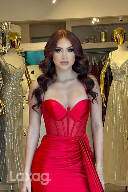 22049 - Sweetheart Ruched Red Mermaid Long Formal Prom Dress with Slit