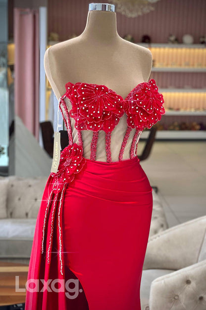 21847 - Sheath/Column Sweetheart Beads Red Long Formal Prom Dress with Slit
