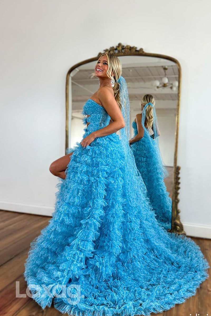 21956 - A Line Sweetheart Ruffles Blue Long Formal Prom Dress with Slit