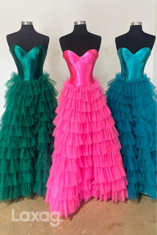 22009 - A Line Sweetheart Tulle Ruffles Long Formal Prom Dress