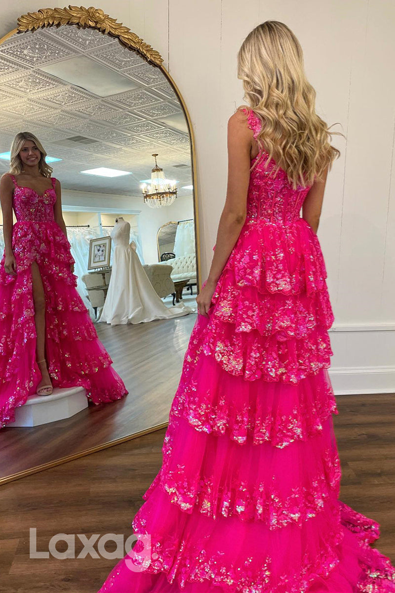 22016 - A Line V neck Sequins Ruffles Long Pink Formal Prom Dress with Slit