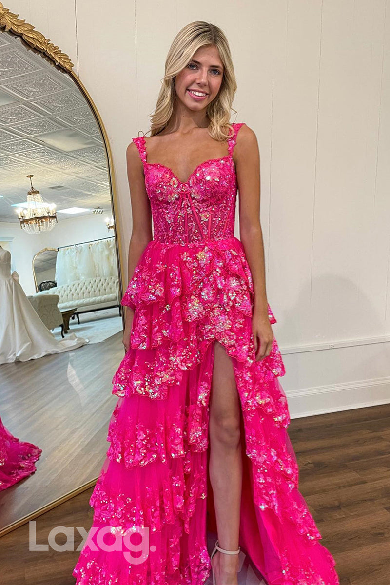 22016 - A Line V neck Sequins Ruffles Long Pink Formal Prom Dress with Slit