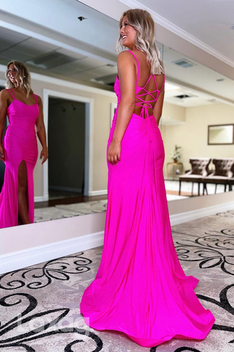 21933 - Spaghetti Straps V neck Simple Long Mermaid Prom Party Dress